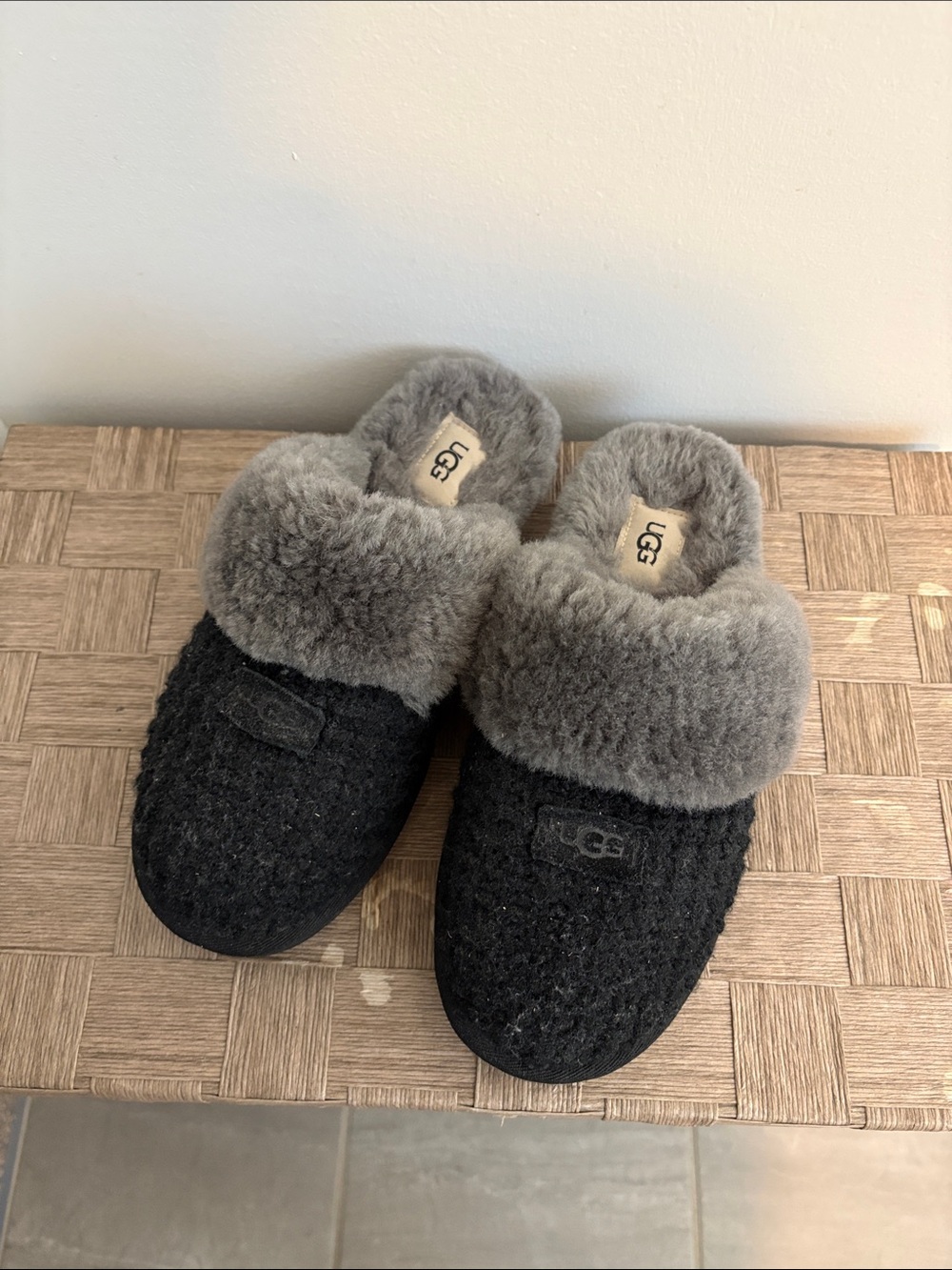 UGG Women's Black Knit Slippers with Gray Shearling Cuff